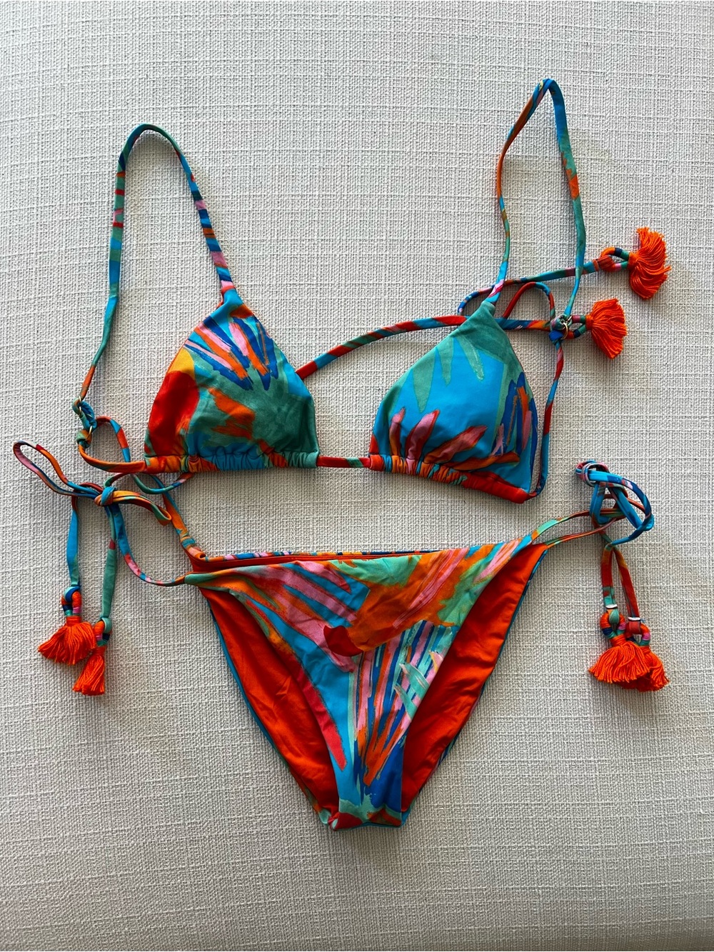 NEVER WORN Farm Rio Painted Birds Blue Side-Tie Bikini Bottom & Triangle Top Set
